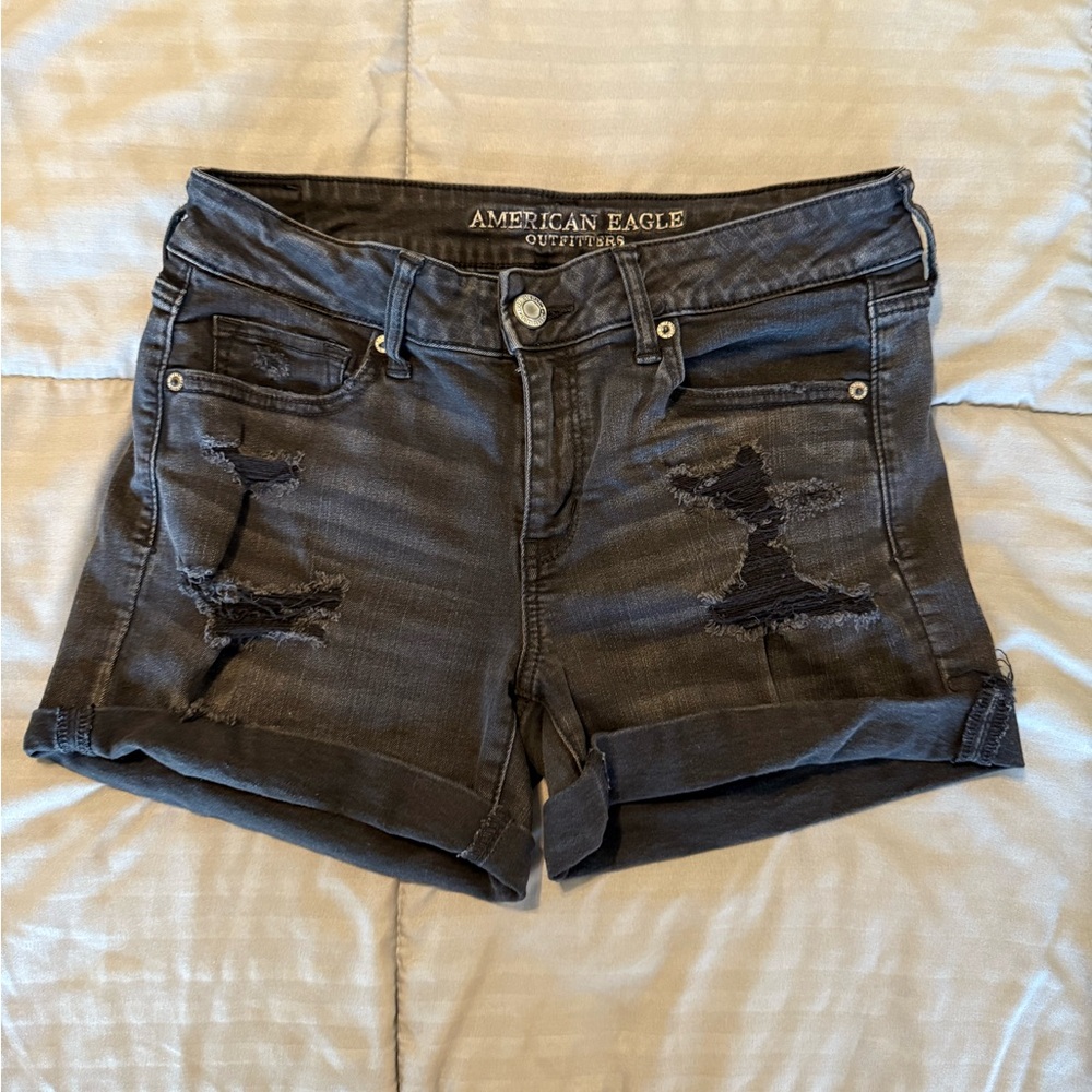 American Eagle Outfitters Dark Gray/Black Distressed Jean Shorts